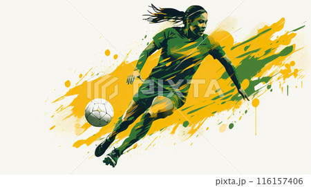 female football concept, woman with ball running during soccer play, generative ai 116157406