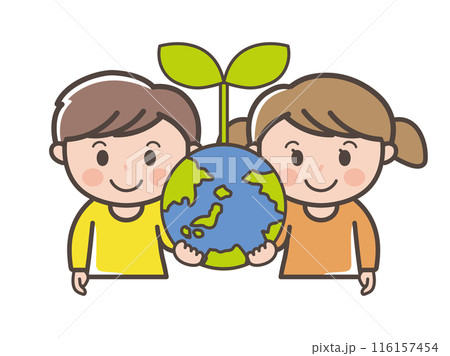 SDGsや環境問題イメージの地球を支える男の子と女の子の上半身イラスト（小学生、幼児、子供） 116157454