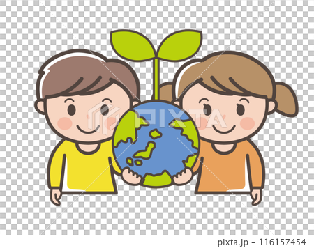 Illustration of a boy and girl holding the earth as an image of SDGs and environmental issues (elementary school students, toddlers, children) 116157454