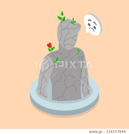 3D Isometric Flat Vector Illustration of Rebirth, Lonely Figure with Flower Growing on him Symbolizes Solitude and Isolation. 116157644