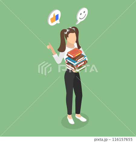 3D Isometric Flat Vector Illustration of Schoolgirl With Textbooks , Happy Student 116157655