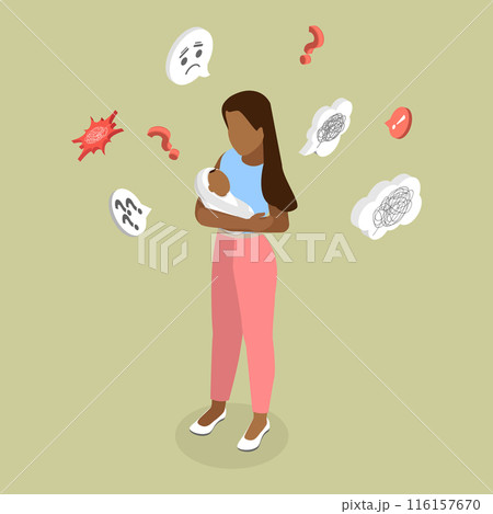 3D Isometric Flat Vector Illustration of Depressed Mom, Frustrated Young Mother 116157670