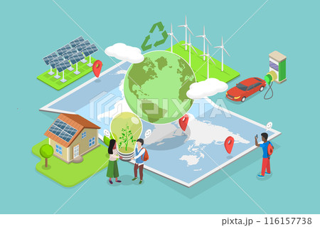 3D Isometric Flat Vector Illustration of Sustainable And Nature Friendly Future, Transition to Green Energy 116157738