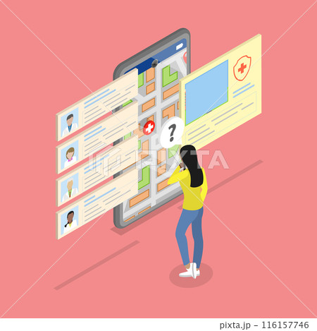 3D Isometric Flat Vector Illustration of Person Finding Hospital, Individual Locating Medical Center 116157746