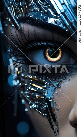 female eye with futuristic makeup and metallic mask, blue eye and iris macro, generative ai female eye with futuristic makeup and metallic mask, blue eye and iris macro, generative ai 116157892