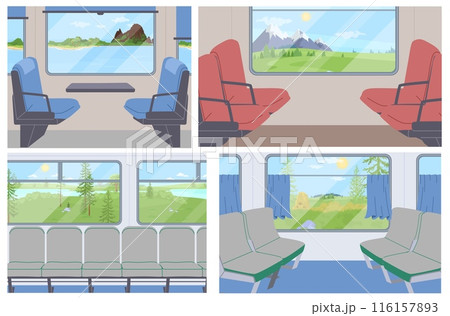 Train interior with comfortable seats flat cartoon set Train interior with comfortable seats flat cartoon set 116157893