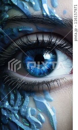 female eye with colourful blue make-up, vibrant iris, macro studio shot close up, generative AI 116157971