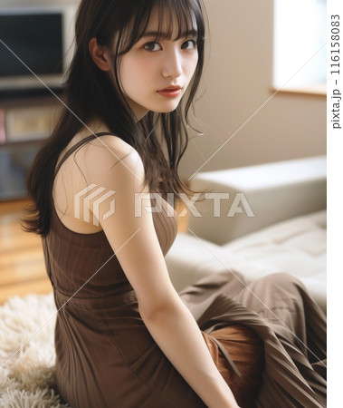 リビングで座る綺麗な女性 116158083