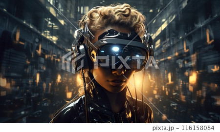 dark futuristic female cyborg with robotic wear goggles and tech look, cyberpunk concept, generative AI 116158084