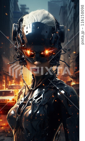 dark futuristic female cyborg with robotic wear goggles and tech look, cyberpunk concept, generative AI 116158098