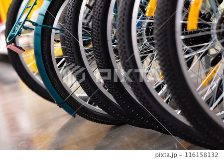 Modern bicycles in the sports shop. Modern bicycles in the sports shop. 116158132