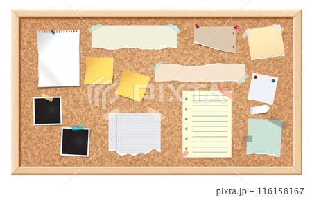 Notice board. Corkboard, noticeboard with blank ripped paper notes for message, memo pined stickers and photo frames. Information office wall border vector illustration 116158167