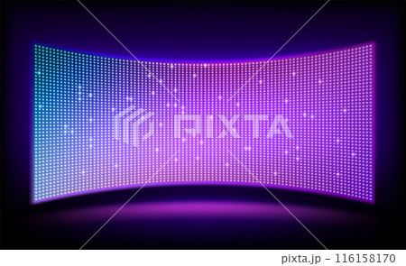 Led projection screen. LCD Tv show stage light panel. Concave digital monitor with glittering lightbulb pattern. Cinema and entertainment display. Vector illustration 116158170