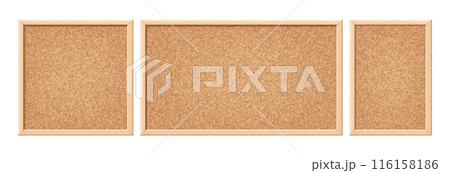 Cork board. Noticeboard with cork texture in square and rectangular wooden frame. Corkboard, pin board with brown grain texture for school or office announcement. Vector set 116158186