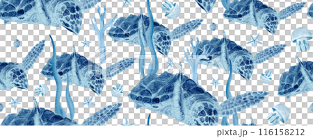 Sea turtle seaweed seamless pattern in blue watercolor isolated on white. High quality hand-drawn monochromatic art for notebooks, posters, wallpaper, textile, wrapping paper, eco, room decor, design 116158212