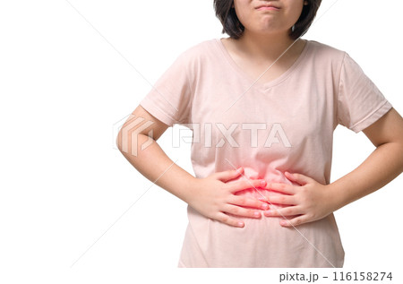 Asian girl having stomach ache, bending and holding hands on belly isolated Asian girl having stomach ache, bending and holding hands on belly isolated 116158274