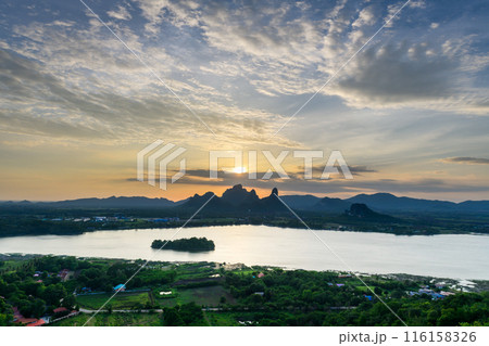 Landscape of Mountains and lakes in sunset at Phu Sub Lek Reservoir, Lopburi, Thailand. Landscape of Mountains and lakes in sunset at Phu Sub Lek Reservoir, Lopburi, Thailand. 116158326