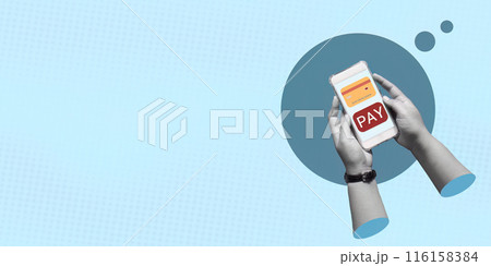 Modern Digital Payment Concept Collage with Credit Card and Shopping Elements on Blue Background 116158384