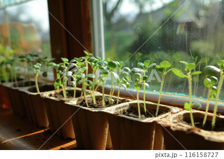 green sprout growing in pot in greenhouse with sunlight. Ai generative 116158727