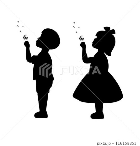 Silhouette of little boy and girl blows dandelion Silhouette of little boy and girl blows dandelion 116158853