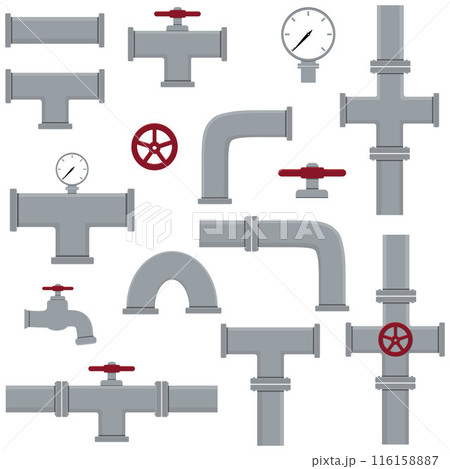 A set of industrial pipelines. Oil, water or gas pipeline with fittings and valves. Isolated vector illustration A set of industrial pipelines. Oil, water or gas pipeline with fittings and valves. Isolated vector illustration 116158887