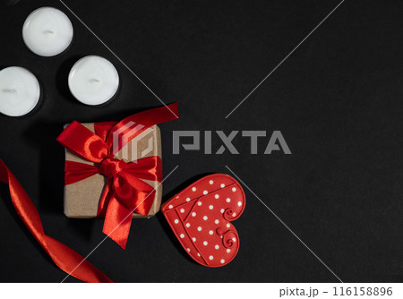 Valentine's Day. International Women's Day. Mothers day. Red hearts and craft gifts on a white wooden background. Copy space. 116158896