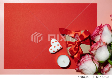 Valentine's Day. International Women's Day. Mothers day. Red hearts and craft gifts on a white wooden background. Copy space. Valentine's Day. International Women's Day. Mothers day. Red hearts and craft gifts on a white wooden background. Copy space. 116158898
