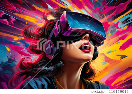 young female in vr virtual reality headset, colourful concept, coloured background, generative AI 116159015