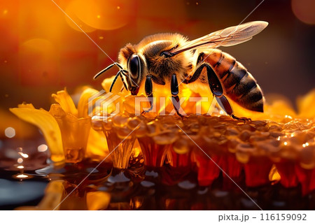 bee flying over golden honey drop macro, generative AI 116159092