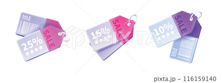 3D sale tag icon set, vector shopping voucher badge, marketing discount coupon gift sticker kit.  116159140