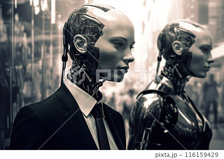 futuristic robot cyborg in partnership with humans concept, studying and learning, generative AI 116159429
