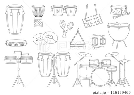 Vector illustration set of percussion musical instruments for coloring in cartoon style isolated on white background 116159469
