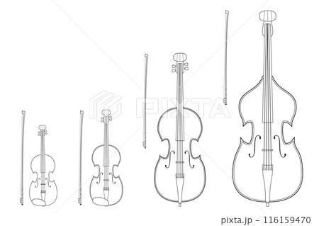 Vector illustration set of string instruments playing by bowing the strings for coloring in cartoon style isolated on white background Vector illustration set of string instruments playing by bowing the strings for coloring in cartoon style isolated on white background 116159470