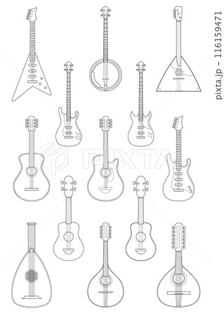 Vector illustration set of string instruments playing by plucking the strings for coloring in cartoon style isolated on white background 116159471