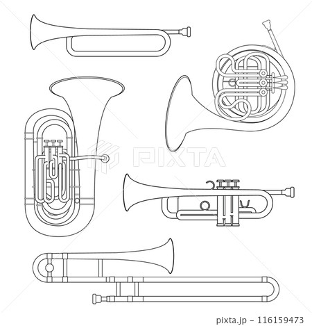 Vector illustration set of brass musical instruments for coloring in cartoon style isolated on white background 116159473