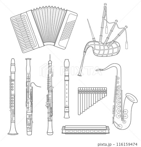 Vector illustration set of woodwind musical instruments for coloring in cartoon style isolated on white background 116159474