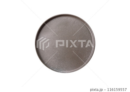 Empty ceramic round plate on dark textured concrete background 116159557