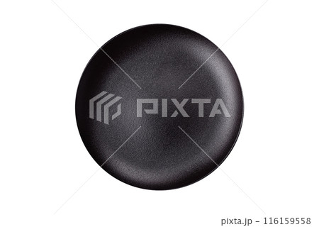 Empty ceramic round plate on dark textured concrete background 116159558