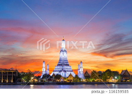 Wat Arun Ratchawararam Ratchawaramahawihan at sunset in bangkok Thailand. Landmark of Along the Chao Phraya River Thailand 116159585