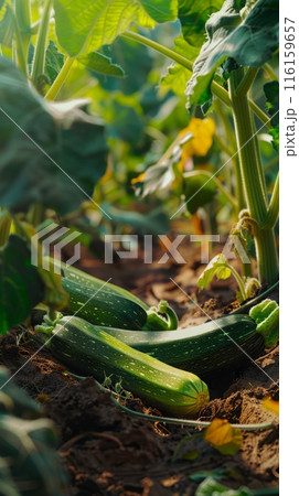 On a flourishing plantation, zucchinis grow abundantly, their fresh, green forms standing out against the rich soil and verdant leaves 116159657