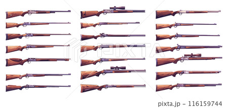 Cartoon Hunting Rifles Icon Set. White Background Firearm Illustrations Gun Collection Outdoor Sports Weapons Vector Clipart Hunting Gear Rifle Types Shooting Gun Icons Hunting 116159744