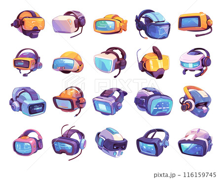 Cartoon Futuristic Virtual Reality Helmets Icon Set. White Background Very Simple Style VR Headsets Technology Gadgets Collection Augmented Reality Devices Digital Innovation 116159745