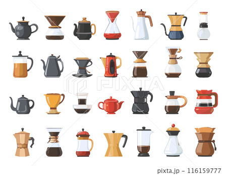 Cartoon Coffee Makers Icon Set. White Background Simple Style Traditional Coffee Pots Illustrations Middle Eastern Culture Collection Brewing Equipment Cezve Brass Pots Clipart 116159777