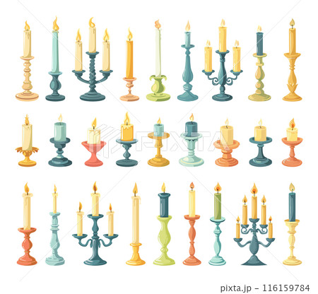 Cartoon Candlesticks Icon Set. White Background Simple Style Candle Holders Illustrations Home Decor Collection Vintage Lighting Accessories Decorative Candlesticks Ornate Designs 116159784