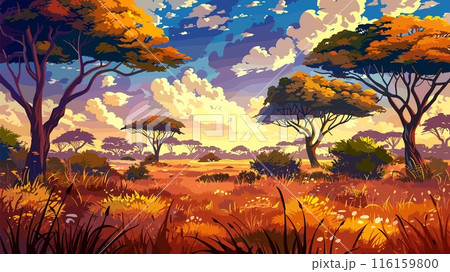 African Savannah Beautiful Trees Jungle Meadow Cartoon Style Background Wilderness Nature Safari Landscape Africa Wildlife Game Style Cartoon Illustration 116159800