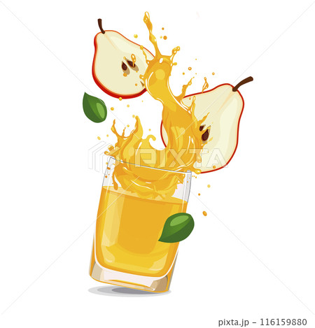Splashes of yellow pear juice with slices. Vector clipart with summer drink isolated for design 116159880