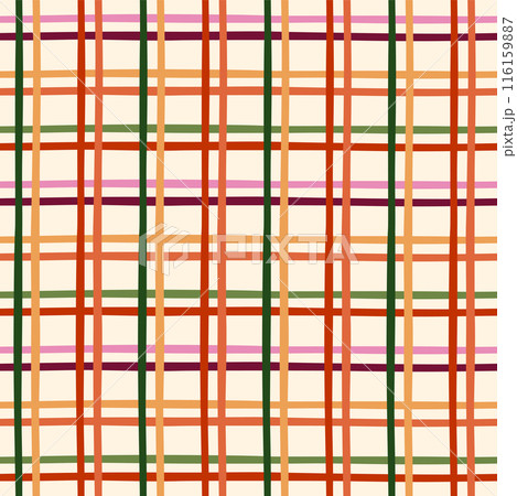 Colorful gingham tartan check plaid seamless pattern. Vector yellow, red, green stripes on beige background. Colorful gingham tartan check plaid seamless pattern. Vector yellow, red, green stripes on beige background. 116159887