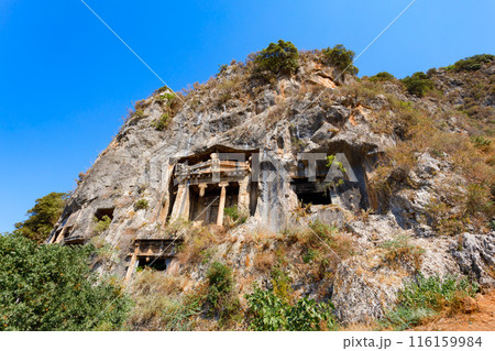 The Tomb of Amyntas is an ancient Lycian rock tomb in Fethiye city, Turkey 116159984