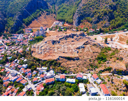 Fethiye Castle ruins aerial panoramic view in Turkey 116160014