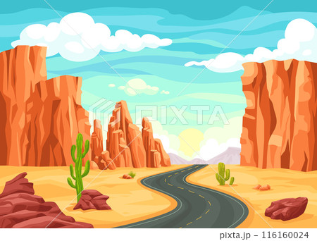 Cartoon desert road. Arizona driveway wild west scenery, nevada hot land asphalt travel trip texas or mexico highway route landscape, game background ingenious illustration 116160024